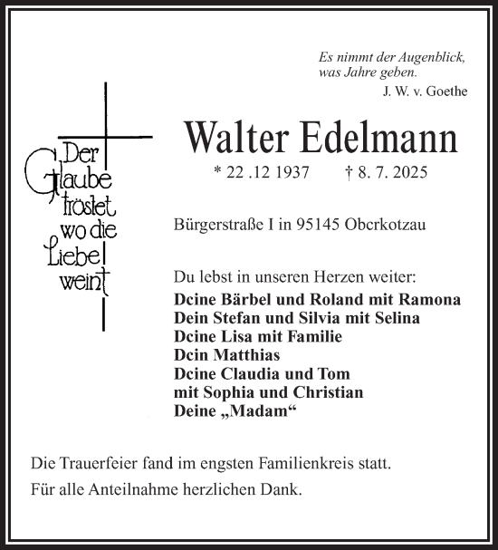 Traueranzeige von Walter Edelmann von Frankenpost
