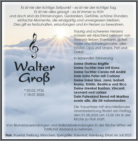 Traueranzeige von Walter Groß von Südthüringer Presse