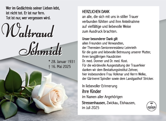 Traueranzeige von Waltraud Schmidt von Südthüringer Presse