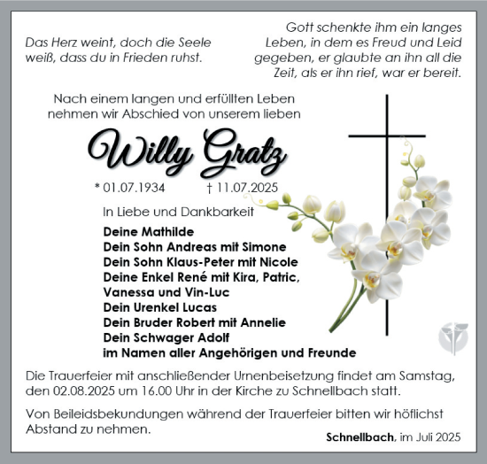 Traueranzeige von Willy Gratz von Südthüringer Presse