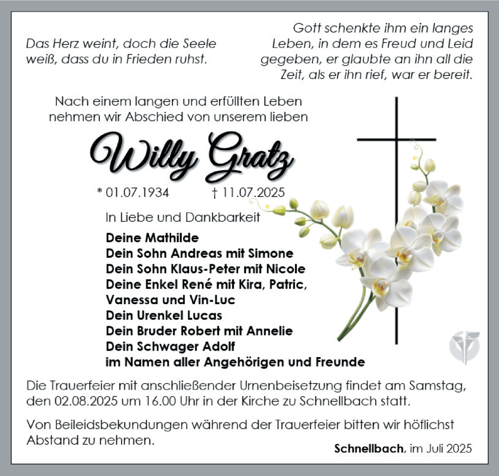  Traueranzeige für Willy Gratz vom 31.07.2025 aus Südthüringer Presse