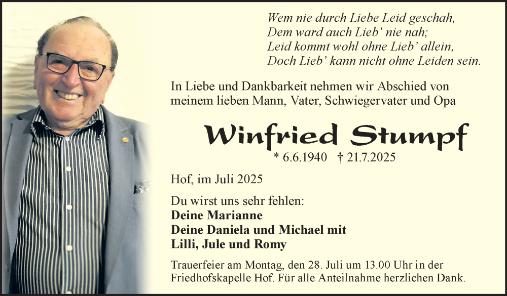  Traueranzeige für Winfried Stumpf vom 26.07.2025 aus Frankenpost
