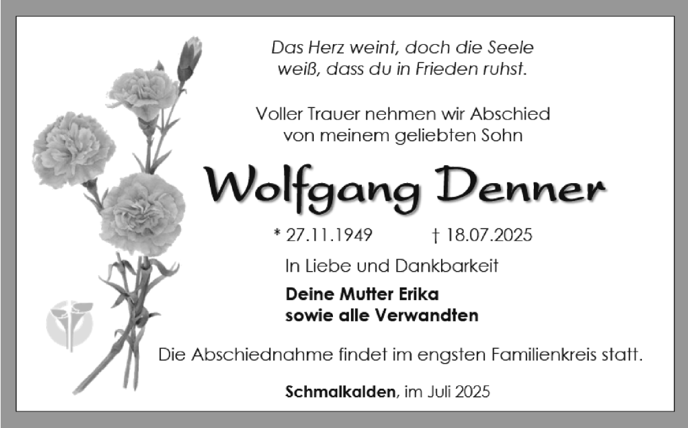  Traueranzeige für Wolfgang Denner vom 25.07.2025 aus Südthüringer Presse
