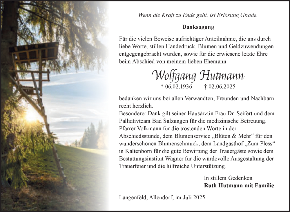  Traueranzeige für Wolfgang Hutmann vom 05.07.2025 aus Südthüringer Presse