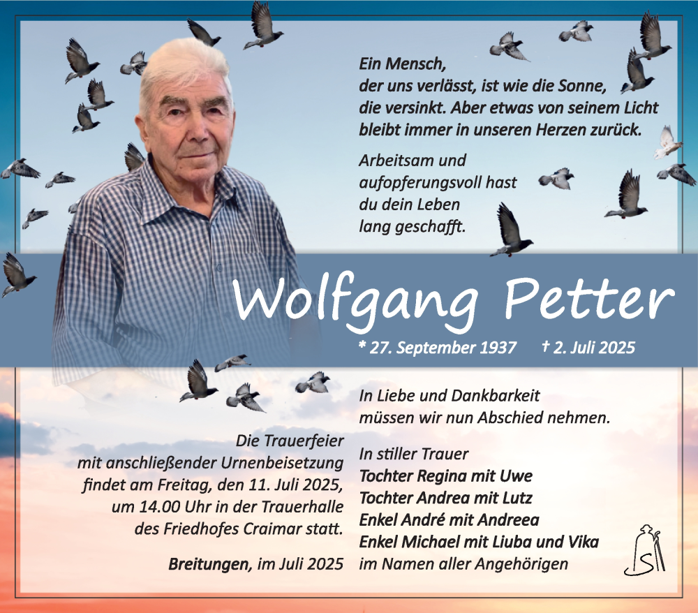  Traueranzeige für Wolfgang Petter vom 09.07.2025 aus Südthüringer Presse