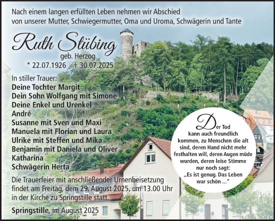 Traueranzeige von Ruth Stübing von Südthüringer Presse