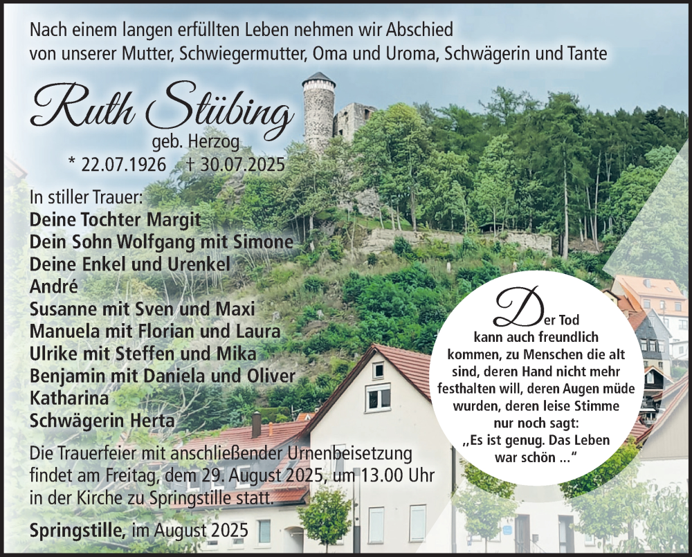  Traueranzeige für Ruth Stübing vom 22.08.2025 aus Südthüringer Presse
