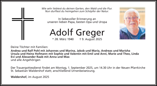Traueranzeige von Adolf Greger von Frankenpost