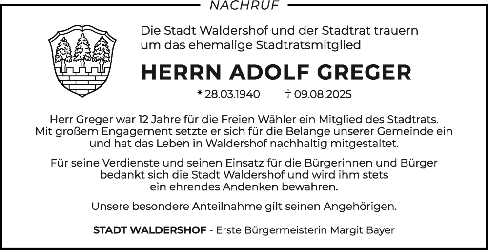  Traueranzeige für Adolf Greger vom 23.08.2025 aus Frankenpost