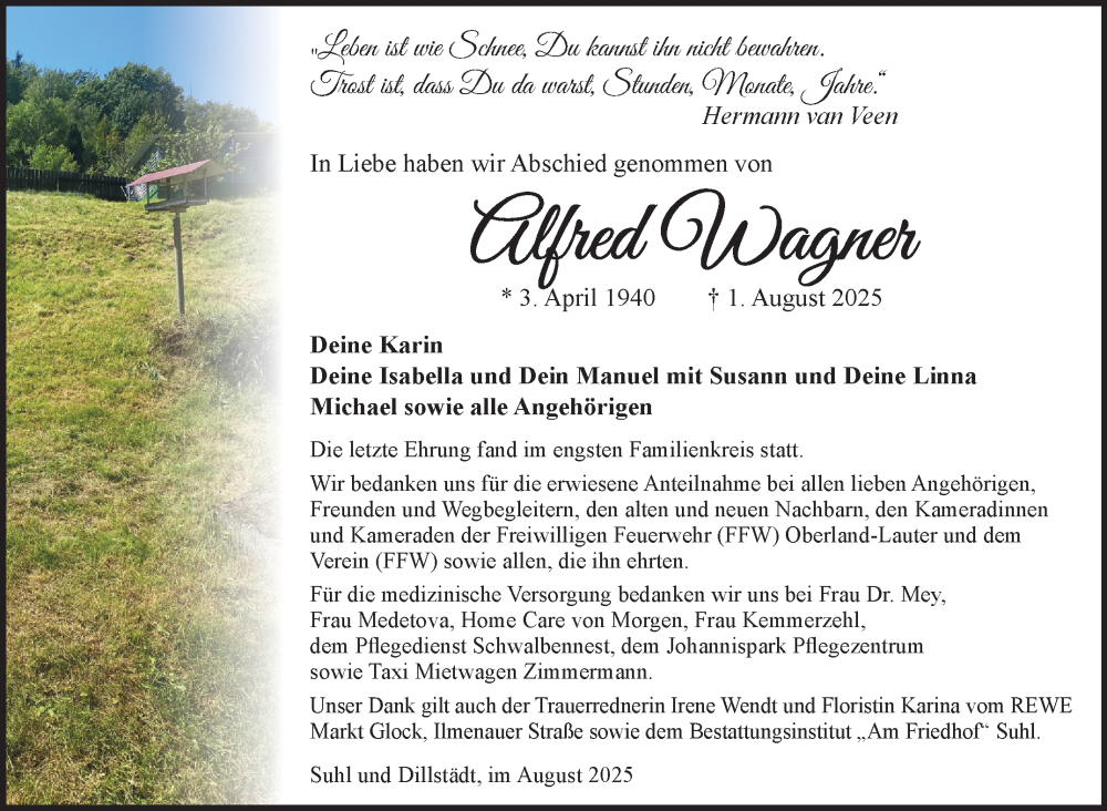  Traueranzeige für Alfred Wagner vom 30.08.2025 aus Südthüringer Presse