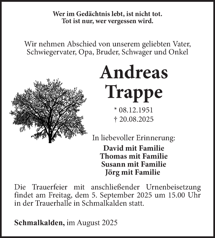  Traueranzeige für Andreas Trappe vom 30.08.2025 aus Südthüringer Presse