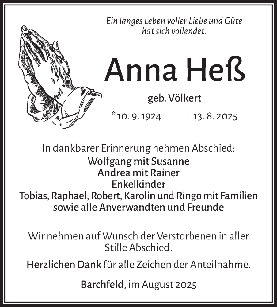  Traueranzeige für Anna Heß vom 22.08.2025 aus Südthüringer Presse