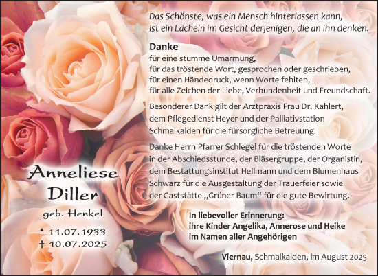 Traueranzeige von Anneliese Diller von Südthüringer Presse