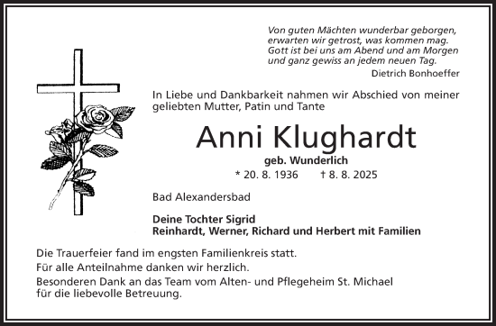 Traueranzeige von Anni Klughardt von Frankenpost
