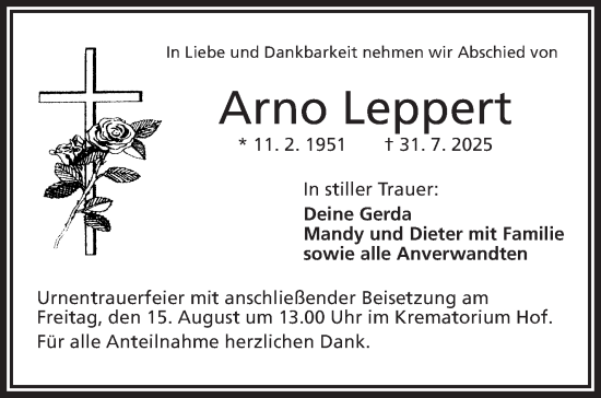 Traueranzeige von Arno Leppert von Frankenpost