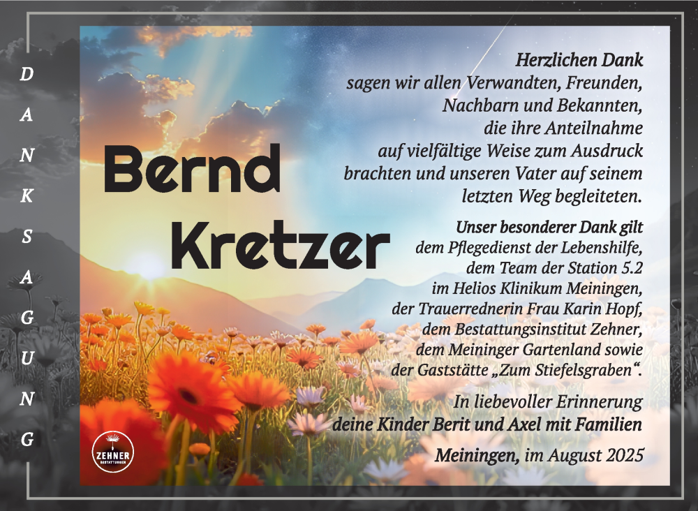  Traueranzeige für Bernd Kretzer vom 09.08.2025 aus Südthüringer Presse