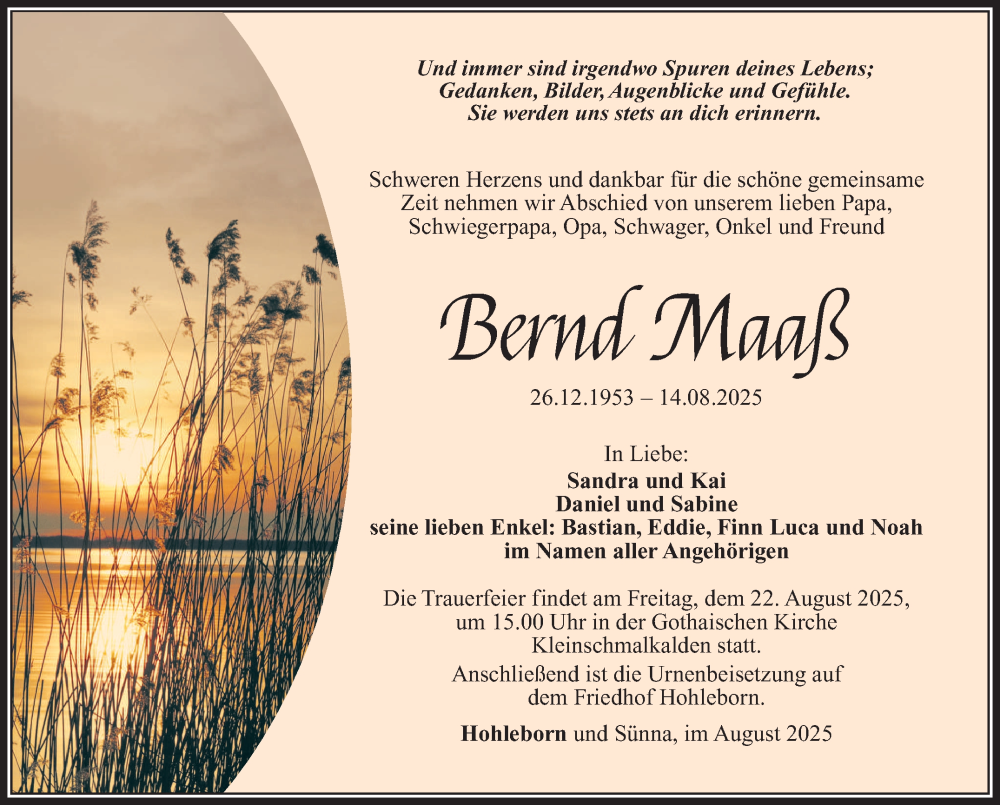  Traueranzeige für Bernd Maaß vom 19.08.2025 aus Südthüringer Presse