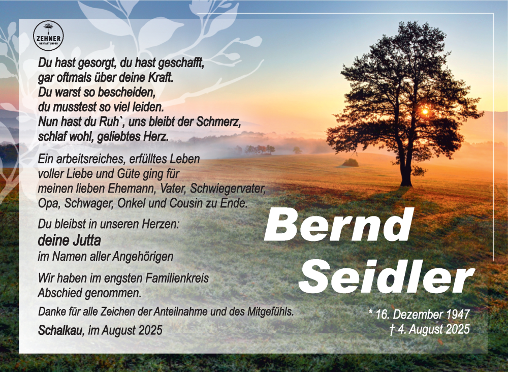  Traueranzeige für Bernd Seidler vom 23.08.2025 aus Südthüringer Presse