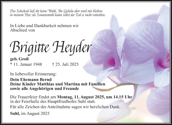 Traueranzeige von Brigitte Heyder von Südthüringer Presse