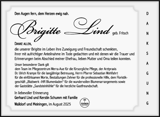 Traueranzeige von Brigitte Lind von Südthüringer Presse