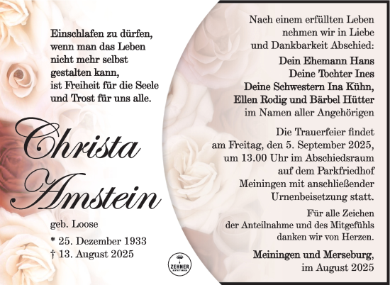 Traueranzeige von Christa Amstein von Südthüringer Presse