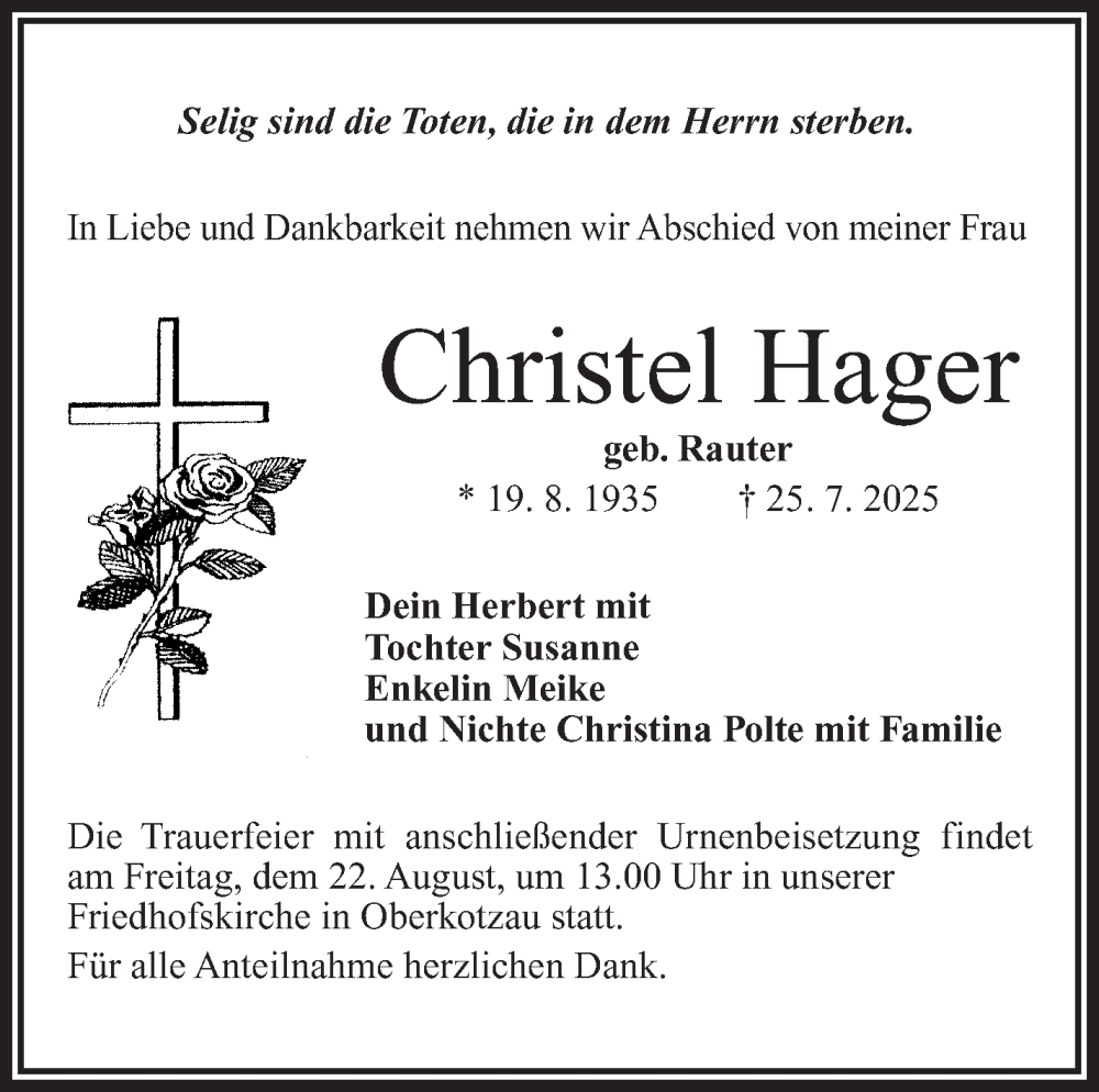  Traueranzeige für Christel Hager vom 02.08.2025 aus Frankenpost
