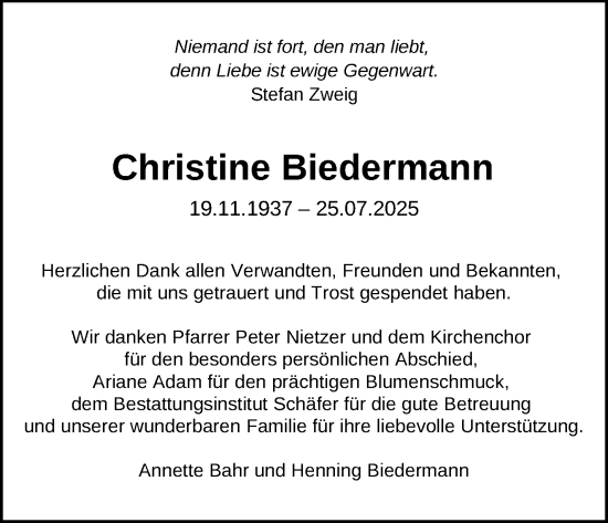 Traueranzeige von Christine Biedermann von Südthüringer Presse