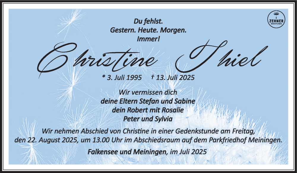  Traueranzeige für Christine Thiel vom 09.08.2025 aus Südthüringer Presse