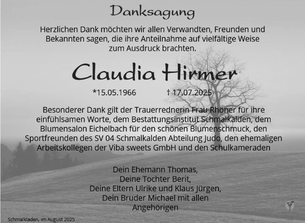  Traueranzeige für Claudia Hirmer vom 09.08.2025 aus Südthüringer Presse