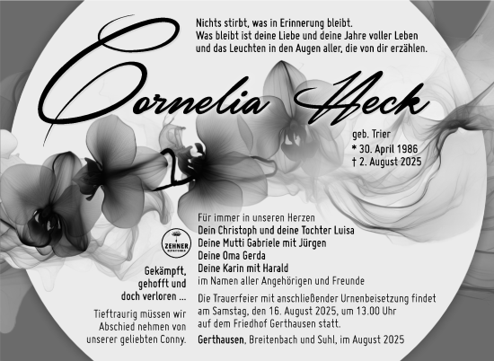 Traueranzeige von Cornelia Heck von Südthüringer Presse