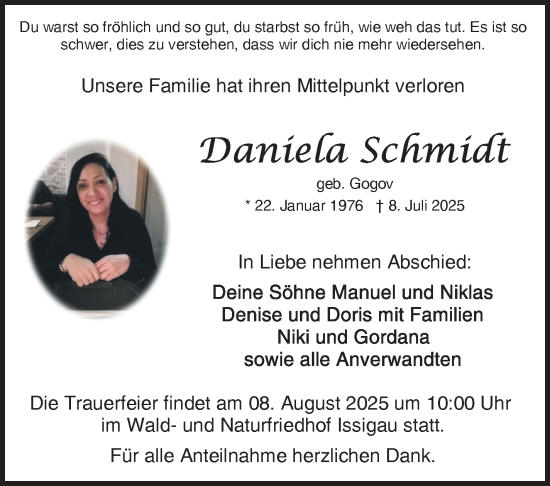 Traueranzeige von Daniela Schmidt von Frankenpost