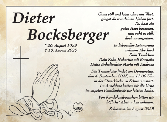 Traueranzeige von Dieter Bocksberger von Südthüringer Presse