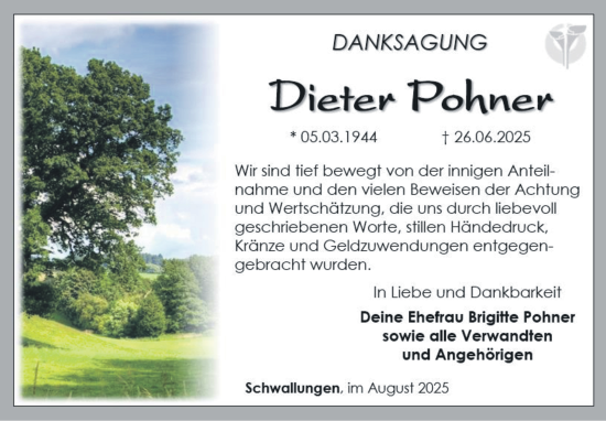 Traueranzeige von Dieter Pohner von Südthüringer Presse