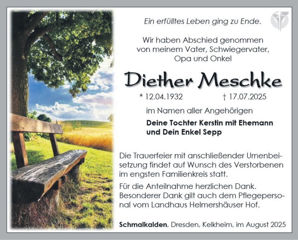  Traueranzeige für Diether Meschke vom 08.08.2025 aus Südthüringer Presse