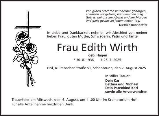 Traueranzeige von Edith Wirth von Frankenpost
