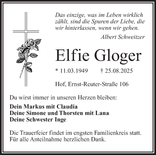 Traueranzeige von Elfie Gloger von Frankenpost