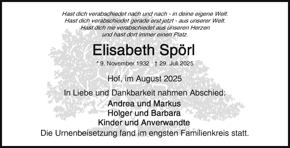  Traueranzeige für Elisabeth Spörl vom 23.08.2025 aus Frankenpost