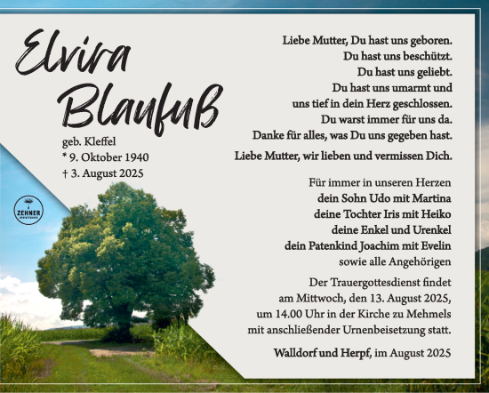 Traueranzeige von Elvira Blaufuß von Südthüringer Presse