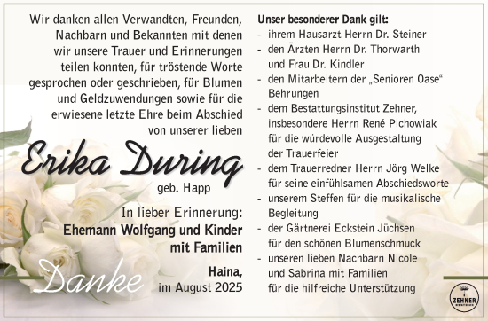 Traueranzeige von Erika During von Südthüringer Presse