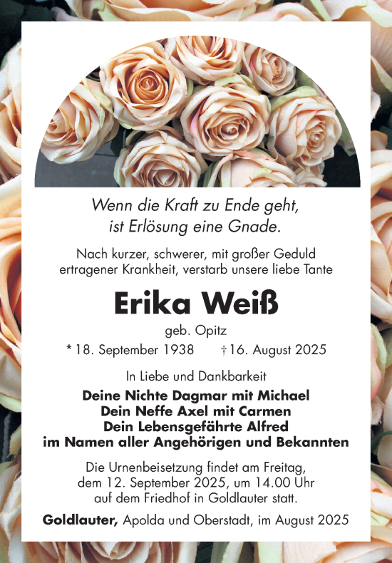 Traueranzeige von Erika Weiß von Südthüringer Presse