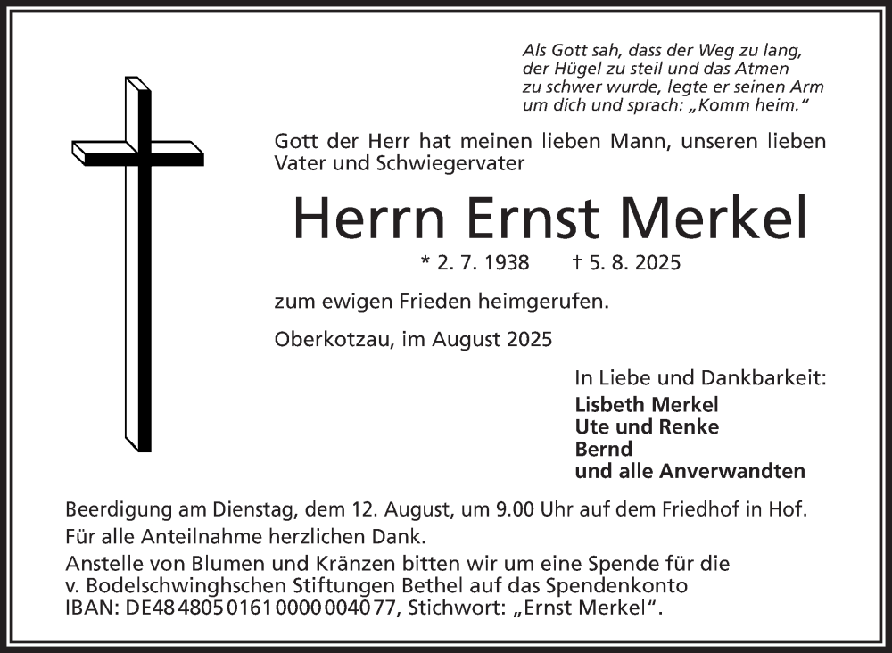  Traueranzeige für Ernst Merkel vom 09.08.2025 aus Frankenpost