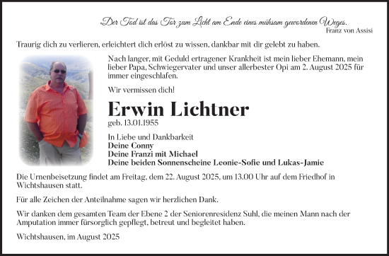 Traueranzeige von Erwin Lichtner von Südthüringer Presse