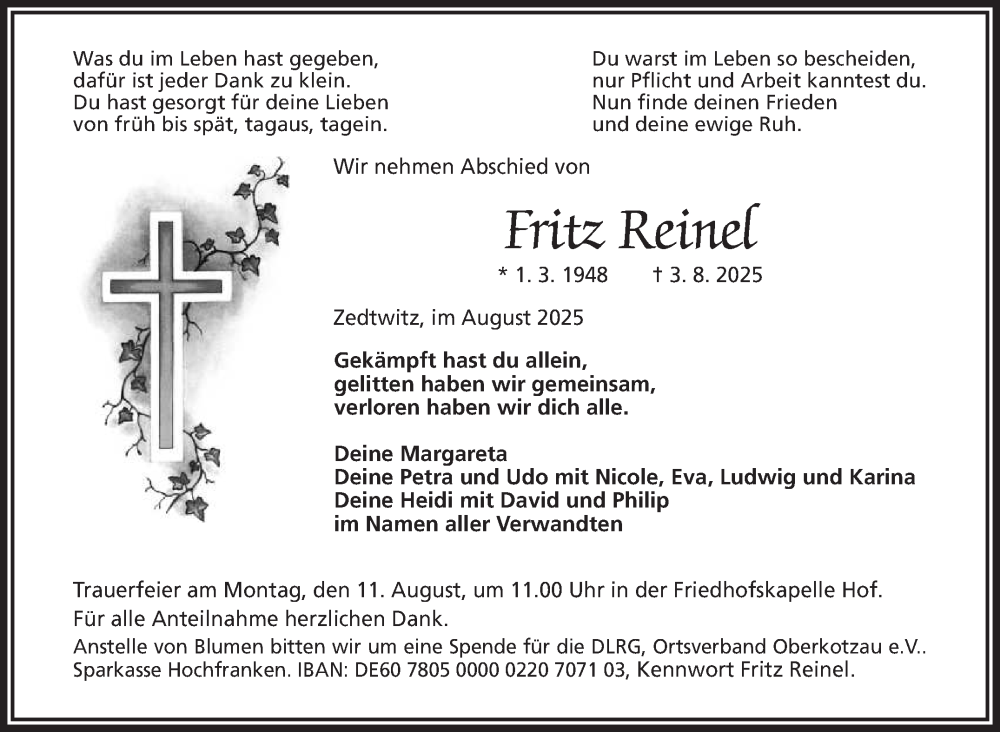  Traueranzeige für Fritz Reinel vom 09.08.2025 aus Frankenpost