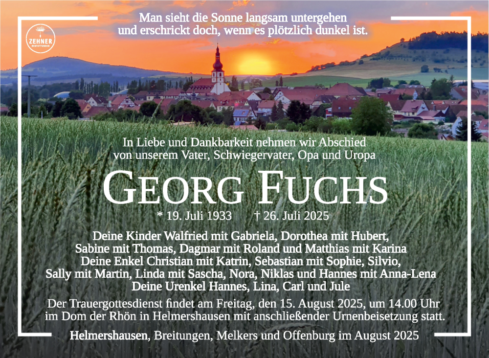  Traueranzeige für Georg Fuchs vom 09.08.2025 aus Südthüringer Presse