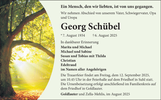 Traueranzeige von Georg Schübel von Südthüringer Presse