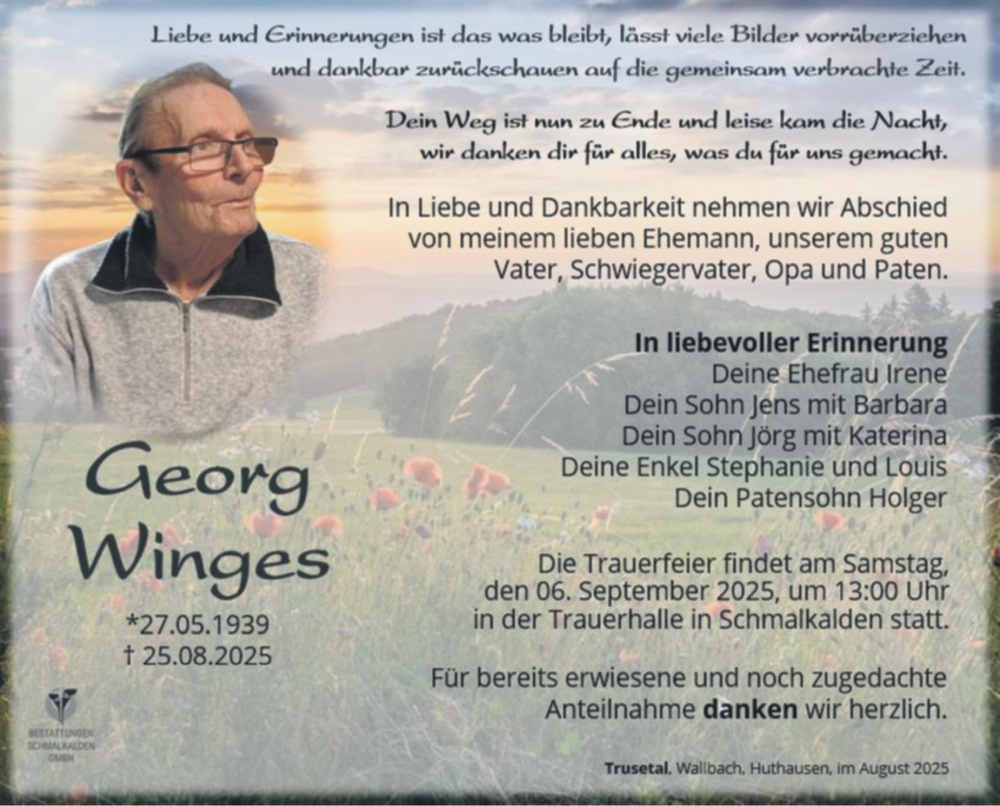  Traueranzeige für Georg Winges vom 30.08.2025 aus Südthüringer Presse