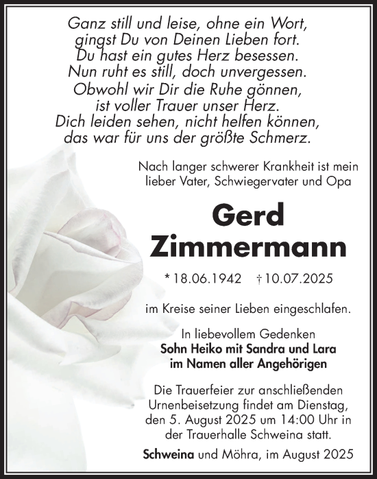 Traueranzeige von Gerd Zimmermann von Südthüringer Presse