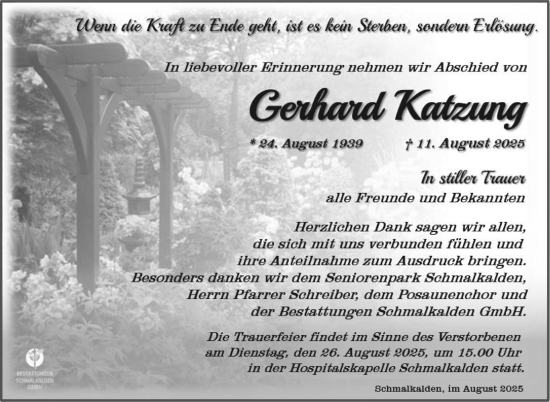 Traueranzeige von Gerhard Katzung von Südthüringer Presse