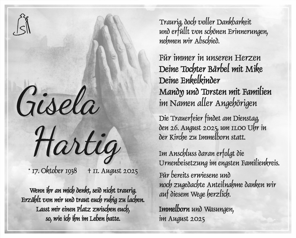  Traueranzeige für Gisela Hartig vom 22.08.2025 aus Südthüringer Presse