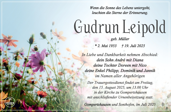 Traueranzeige von Gudrun Leipold von Südthüringer Presse